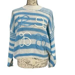 Vintage 1980s Blue & White Striped Handmade Knit Mockneck Sweater Oversized M/L